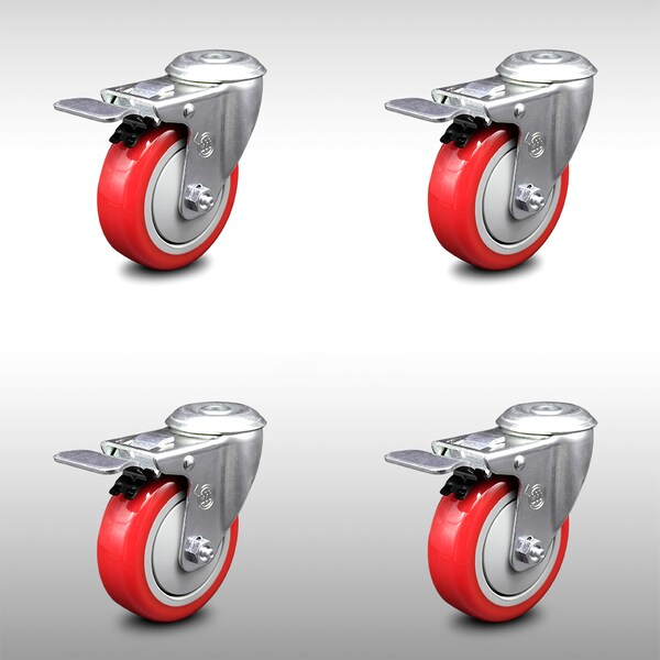 4 Inch SS Red Polyurethane Swivel Bolt Hole Caster Set with Total Lock Brake